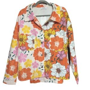 Vibrant Floral Print Cotton Shacket Tangerine Orange Lightweight Denim Style 1X